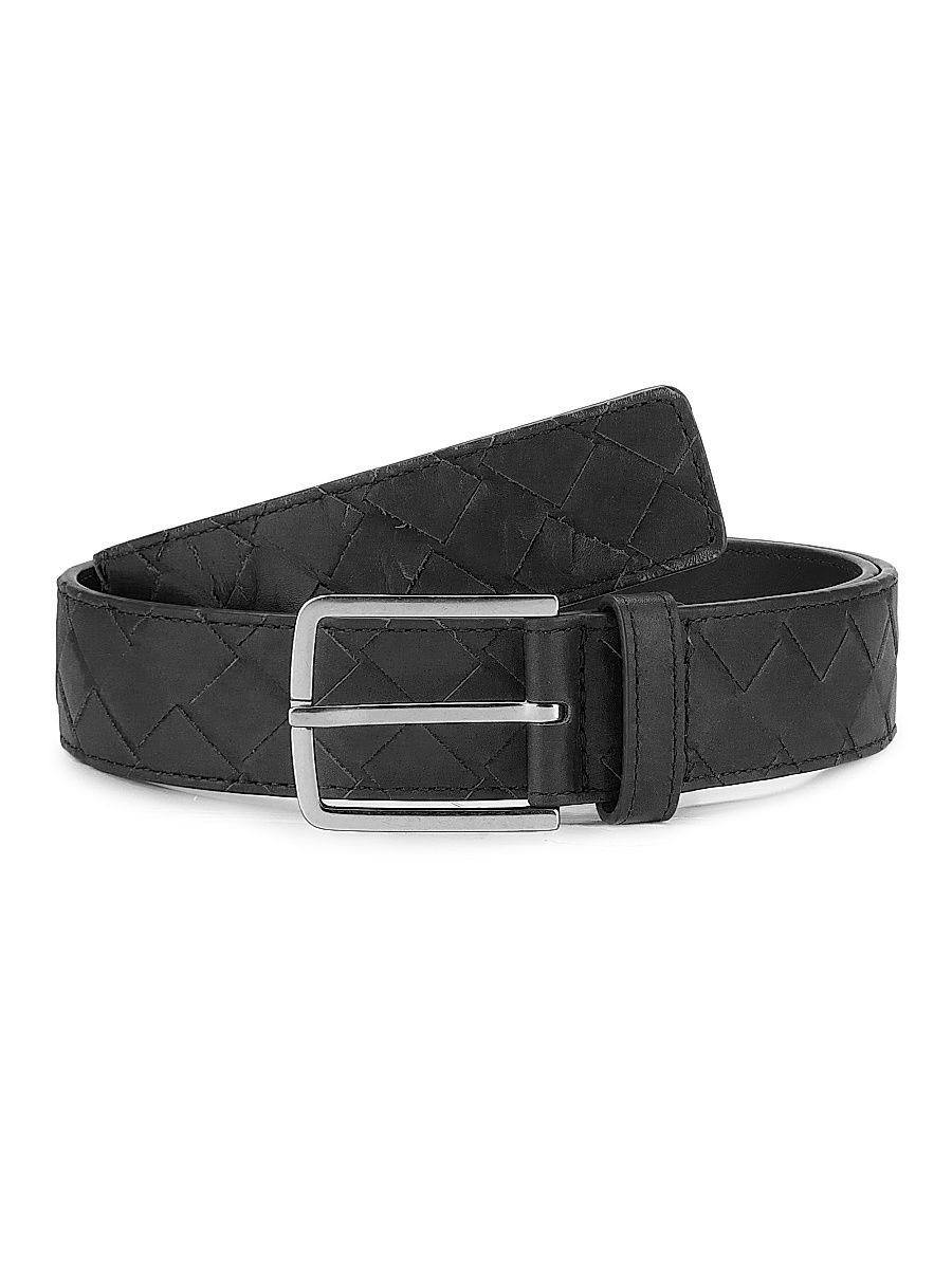 Men's Intrecciato Leather Belt - Black Silver - Size 42