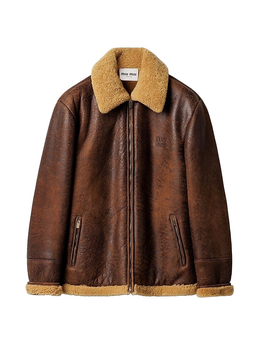 Women's Waxed Shearling Blouson Jacket - Brown - Size 2