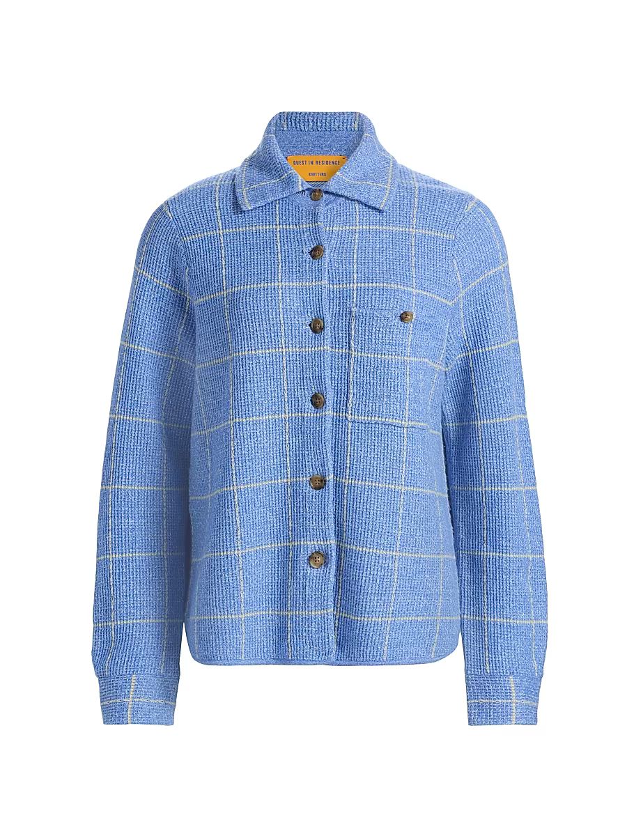 Women's Windowpane Check Cashmere-Linen Shirt - Delft Blue Butter - Size XL