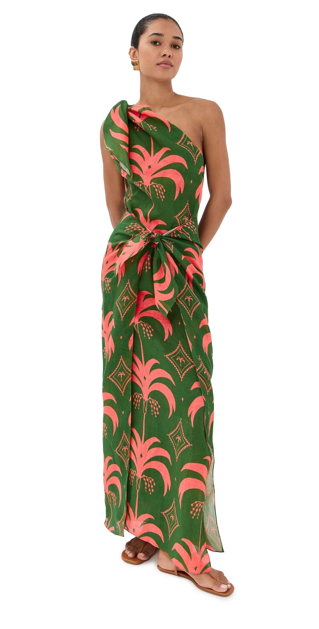 Johanna Ortiz Linen Seaweed Ankle Dress Green/Peach 8