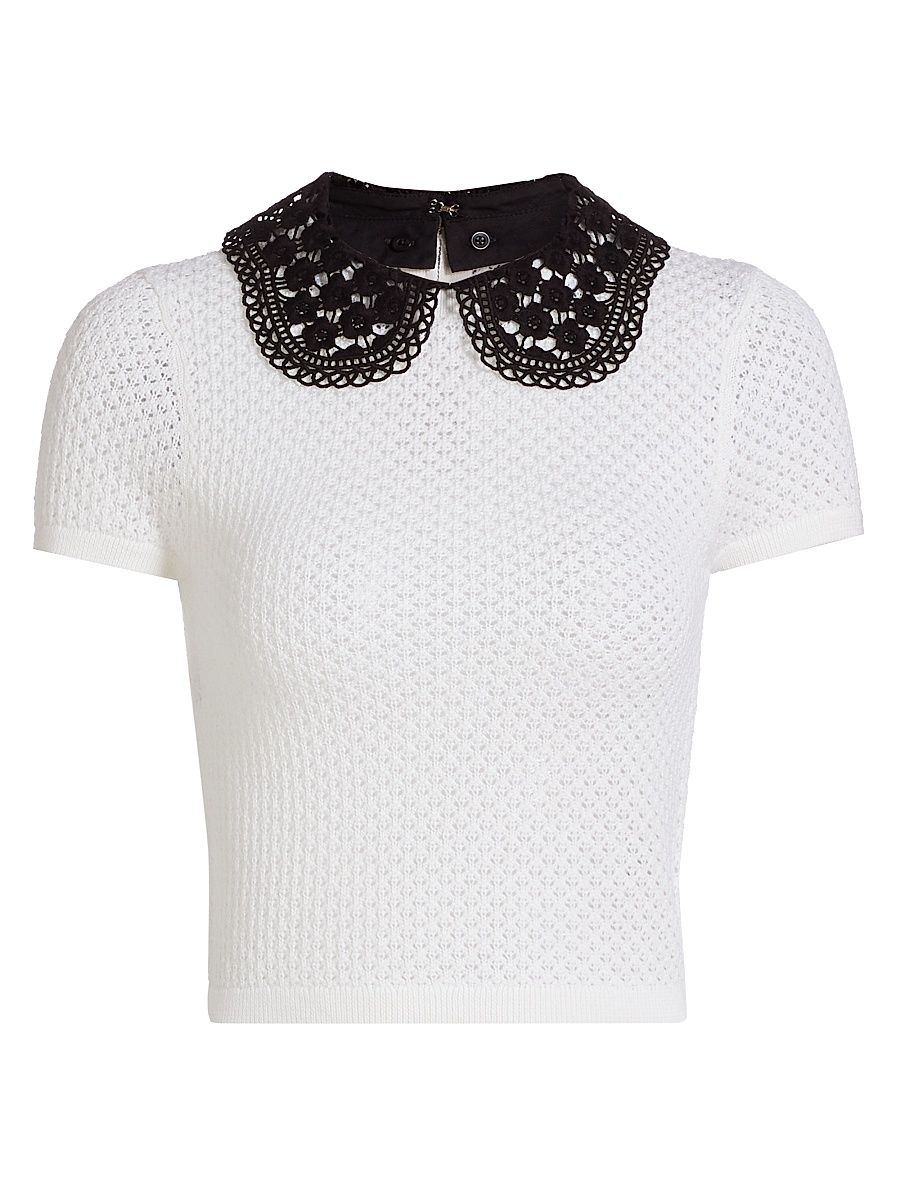 Women's Ciara Lace Collar Top - Soft White Black - Size Large
