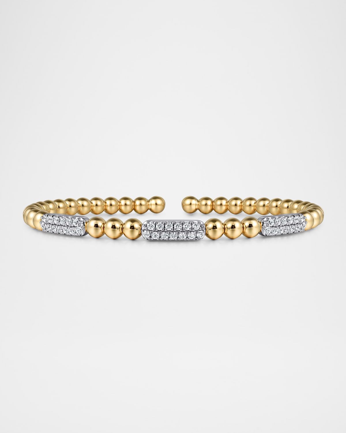 14K White and Yellow Gold Diamond Pave Three Station Bar Bujukan Beads Split Bangle Bracelet