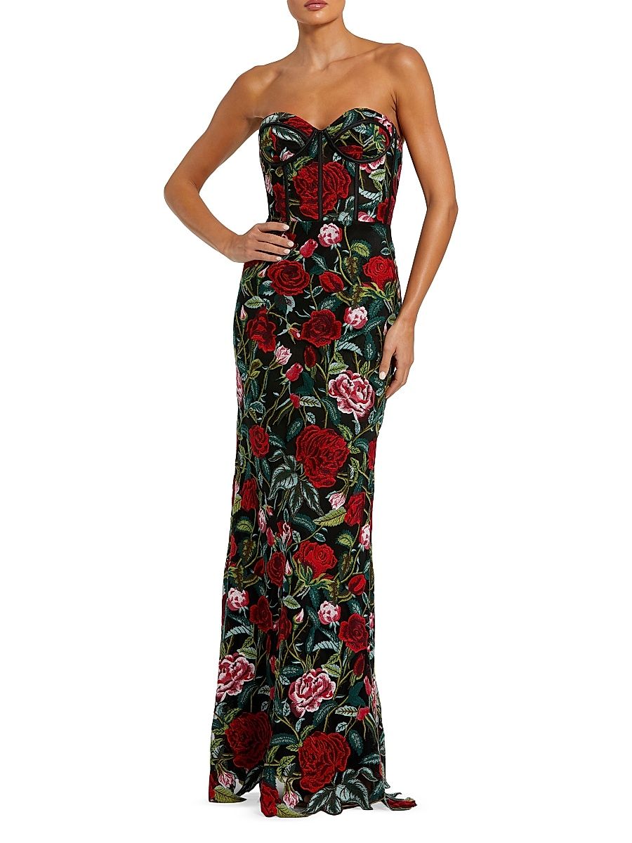 Women's Floral Embroidered Bustier Column Gown - Black Multi - Size 14