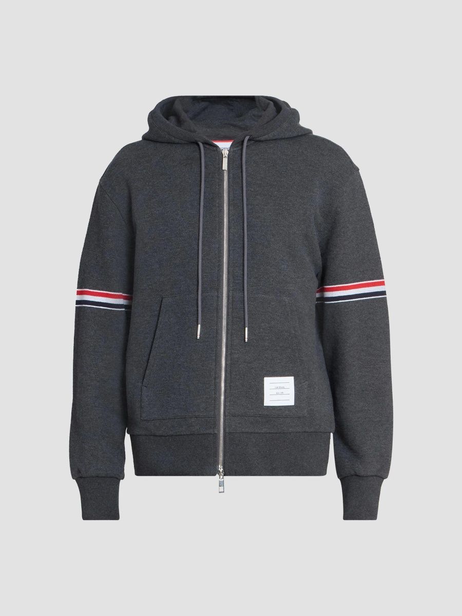 Thom Browne Men's RWB Engineered Stripe Cotton Loopback Full-Zip Hoodie - Charcoal - Size XXL