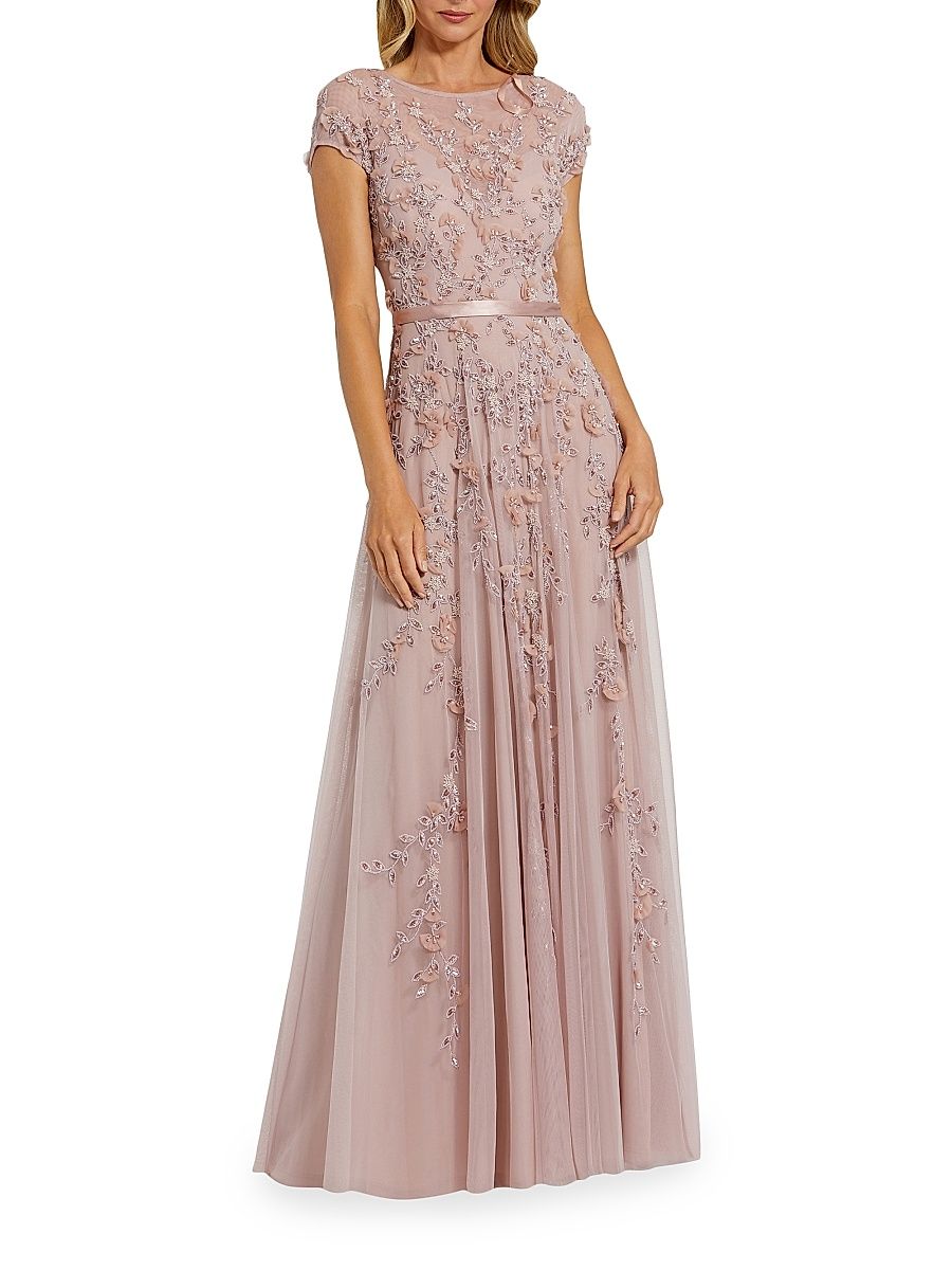 Women's Evening Floral-Embroidered Mesh Gown - Sage - Size 18