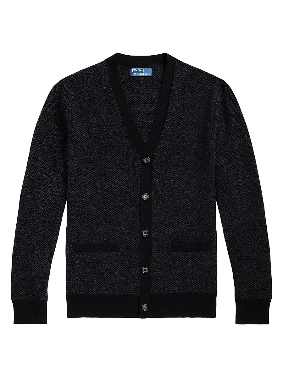 Men's Herringbone Merino Wool V-Neck Cardigan - Charcoal Combo - Size XXL