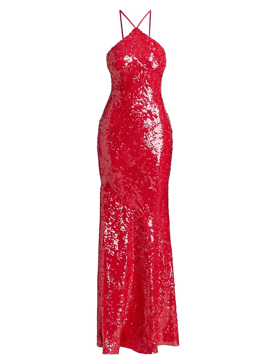 Women's Regine Sequined Halter Gown - Guava - Size 12