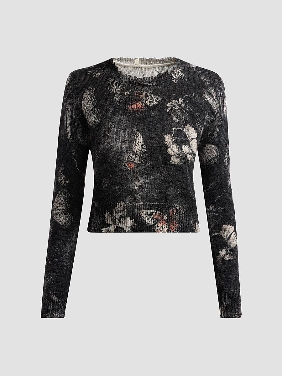 Women's Printed Baby Crewneck Sweater - Red Grey Black Butterfly - Size XS