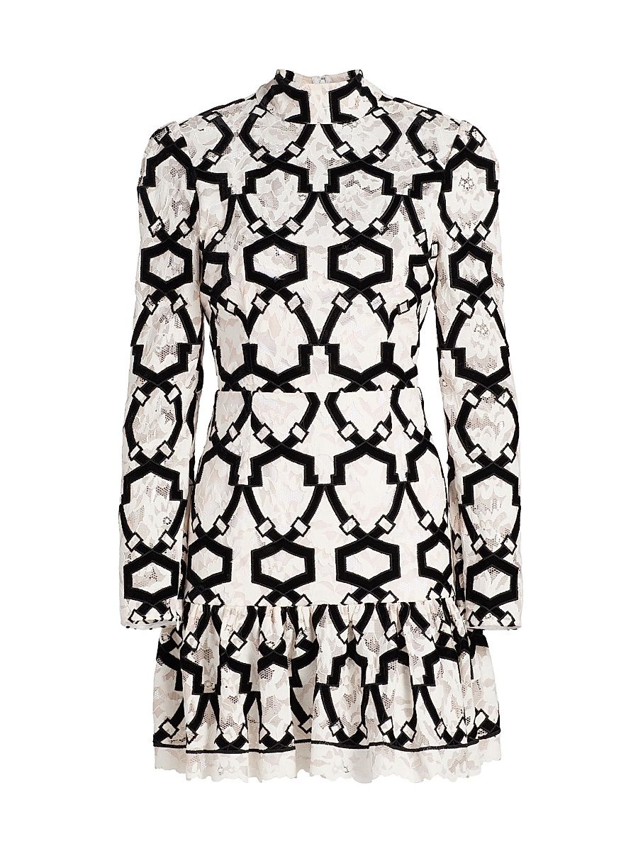 Women's Willa Velvet Flock Lace Minidress - White Black - Size 6