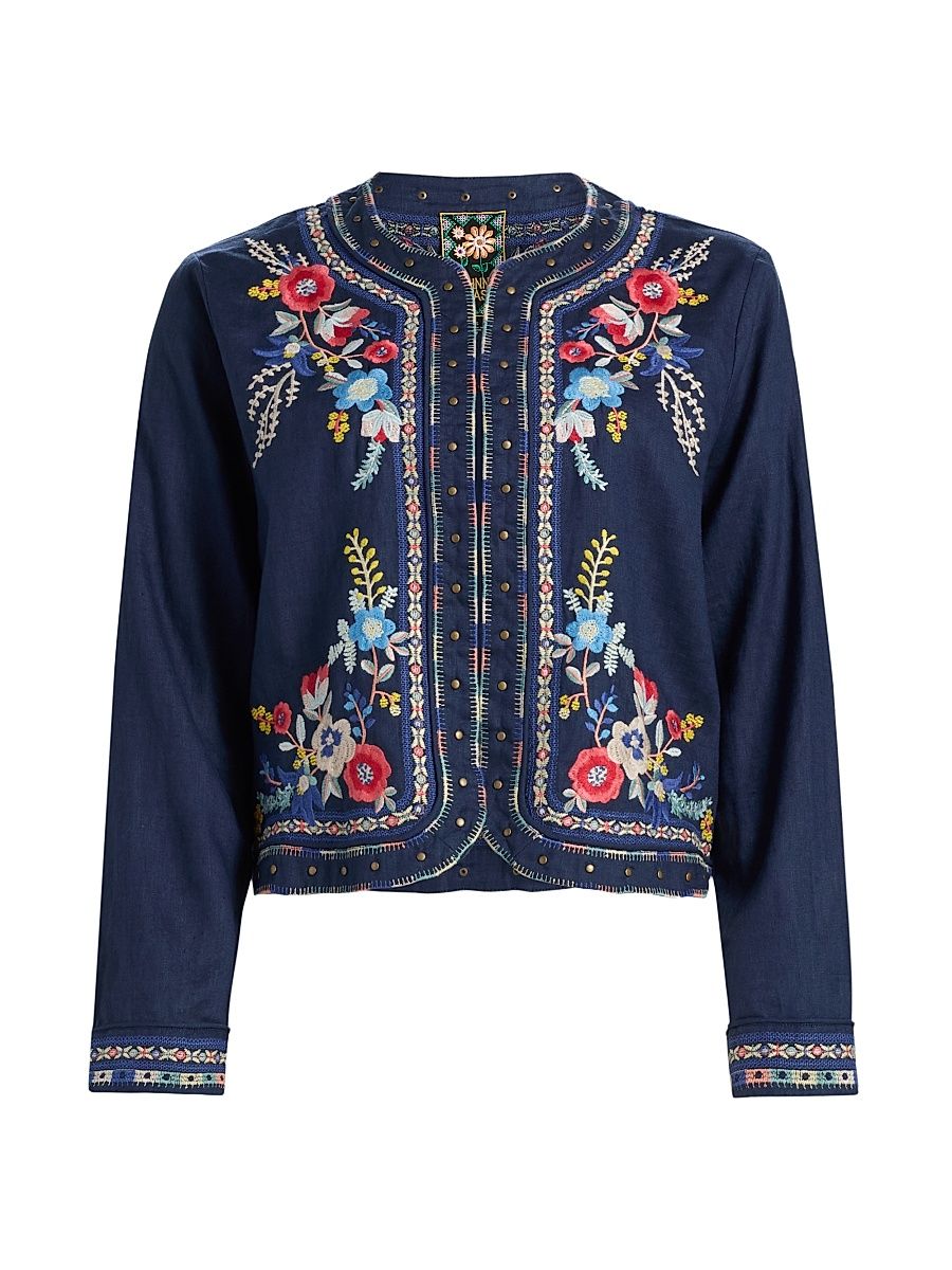 Women's Embroidered Linen Bolero Jacket - Blue Night - Size XS