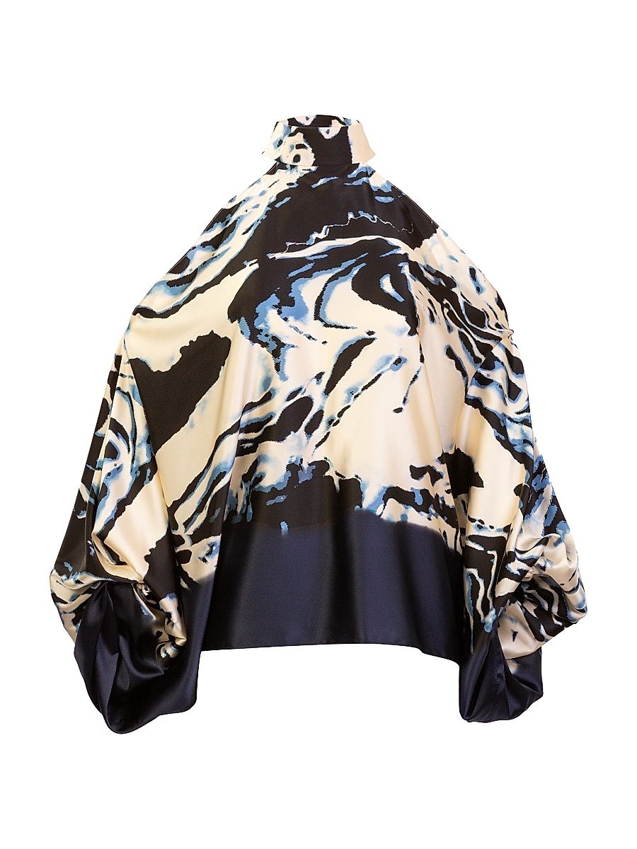 Women's Safira Cold-Shoulder Stretch-Silk Blouse - Deep Sea Abstract - Size XS