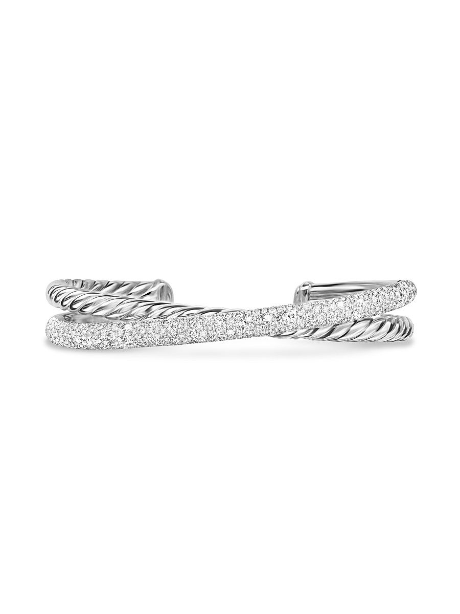 Women's Pavé Crossover Two Row Cuff Bracelet in Sterling Silver - Silver - Size Small