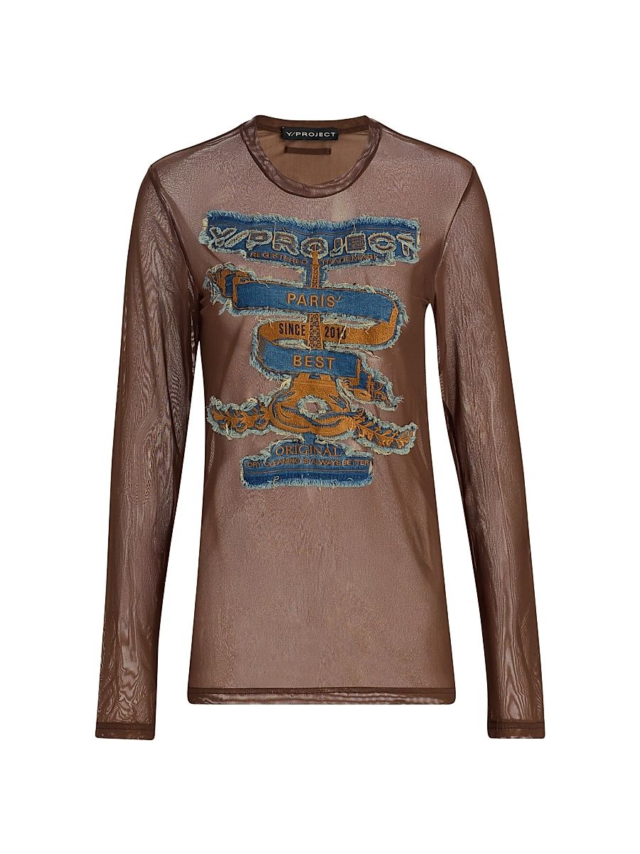 Men's Paris' Best Denim-Appliqué Mesh T-Shirt - Brown Blue - Size XL