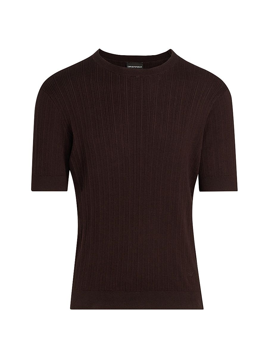 Men's Cotton-Cashmere Rib-Knit Short-Sleeve Sweater - Brown - Size Medium