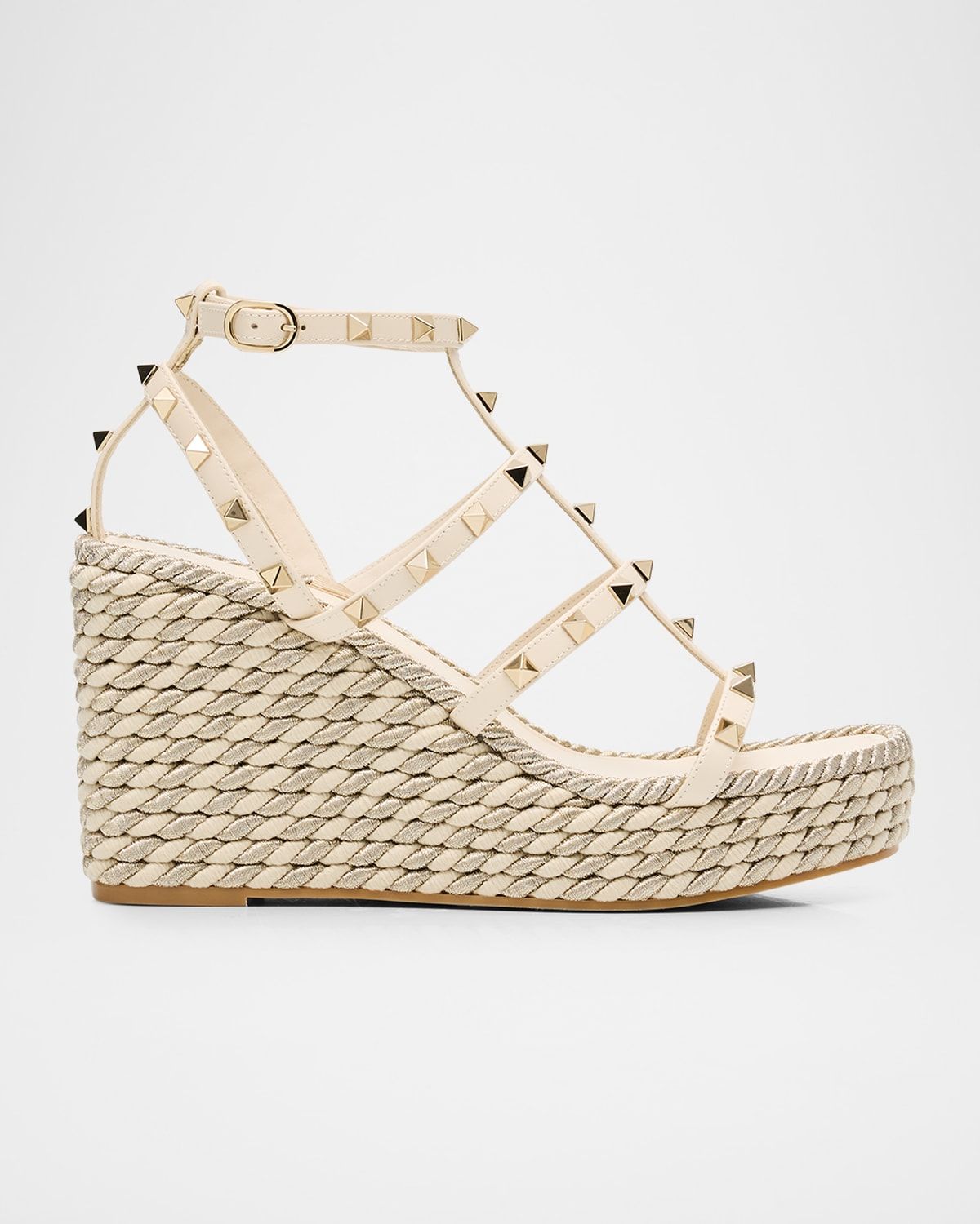 95mm Rockstud Leather Wedge Espadrille Sandals