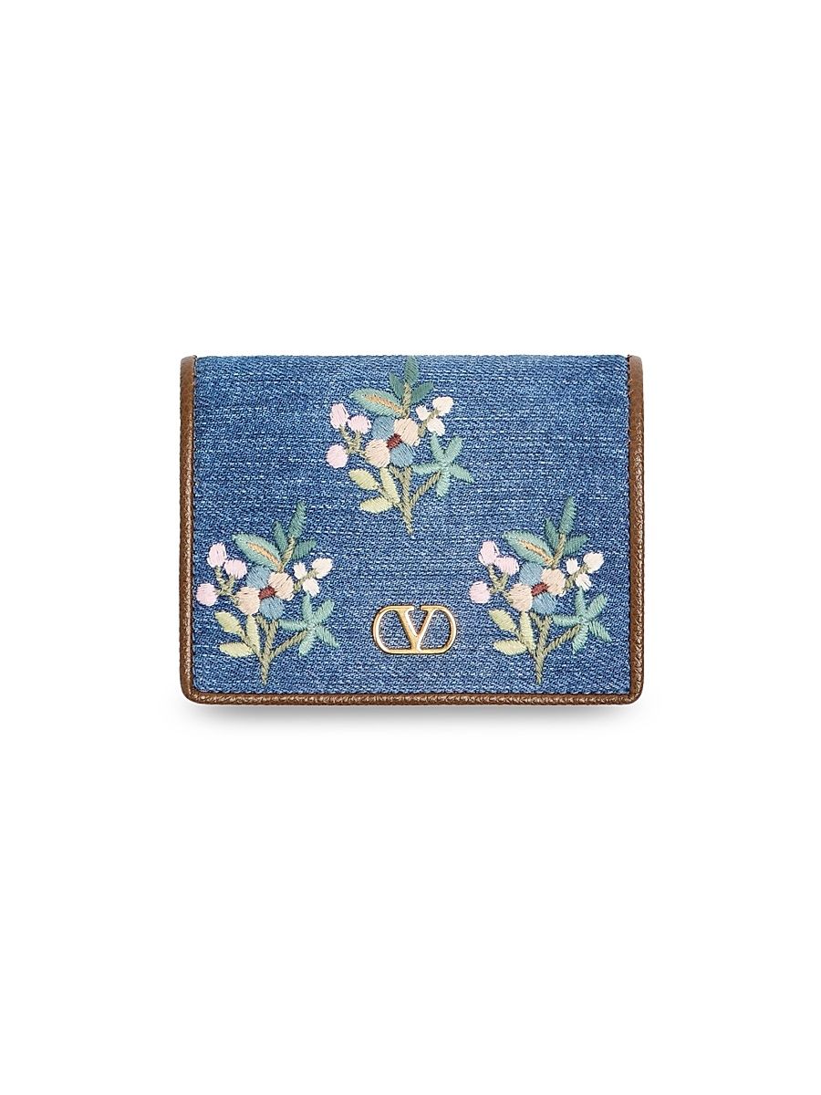 Women's VLogo Signature Wallet in Denim with Floral Embroidery - Denim
