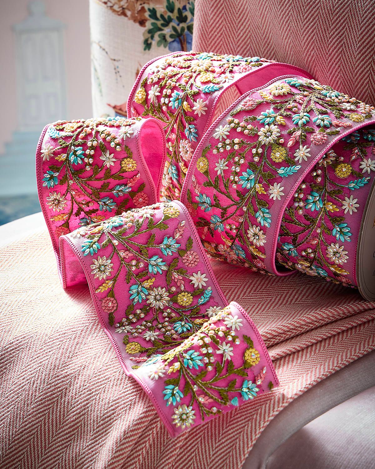 Dupion Jeweled Floral Applique Ribbon, 3.75" x 5 Yards