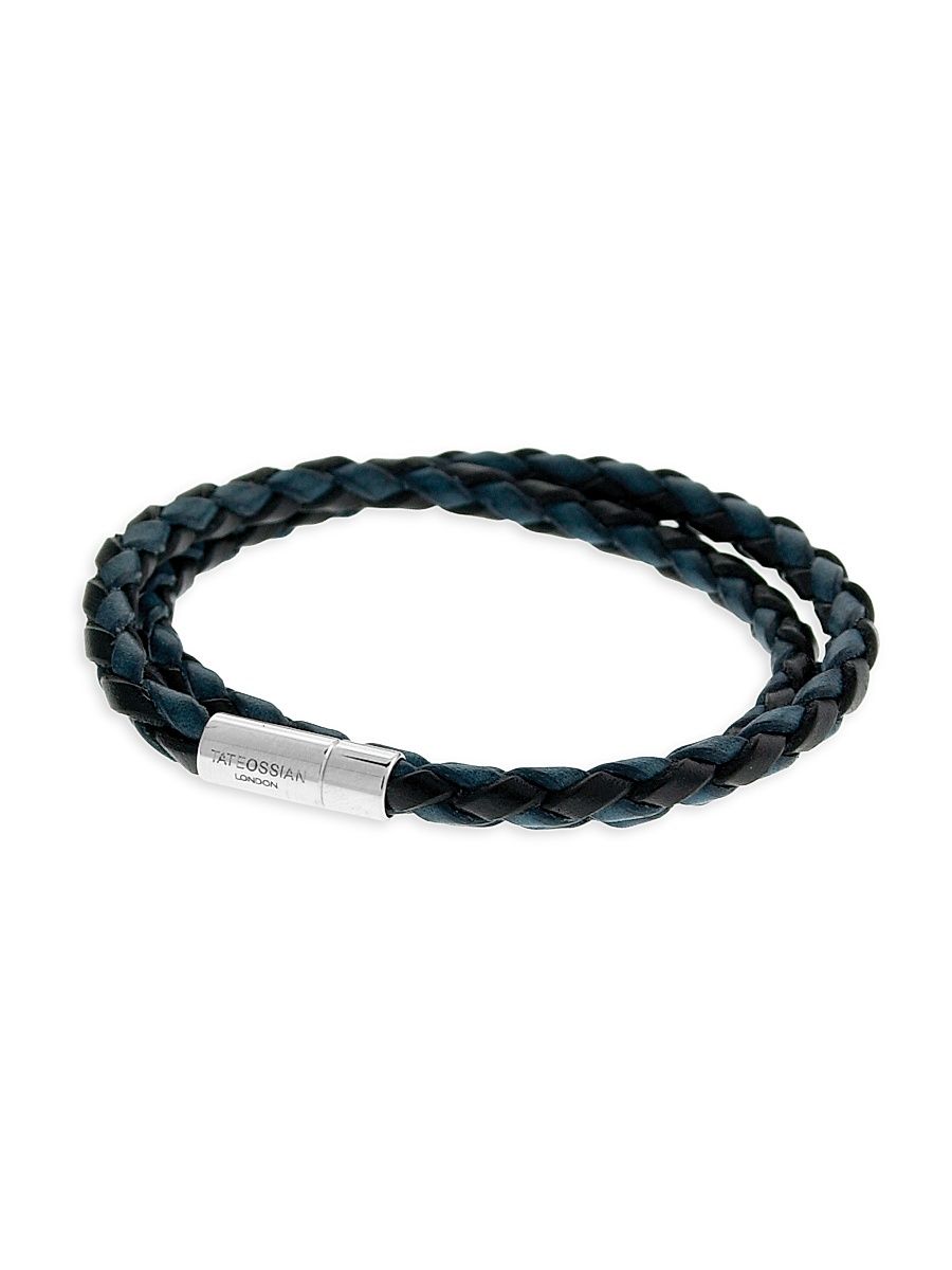 Men's Braided Leather & Sterling Silver Wrap Bracelet - Black - Size Large