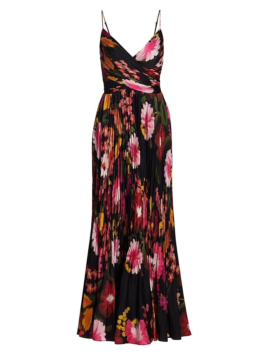 Women's Yonah Pleated Floral Satin Maxi Dress - Black Multi - Size Large