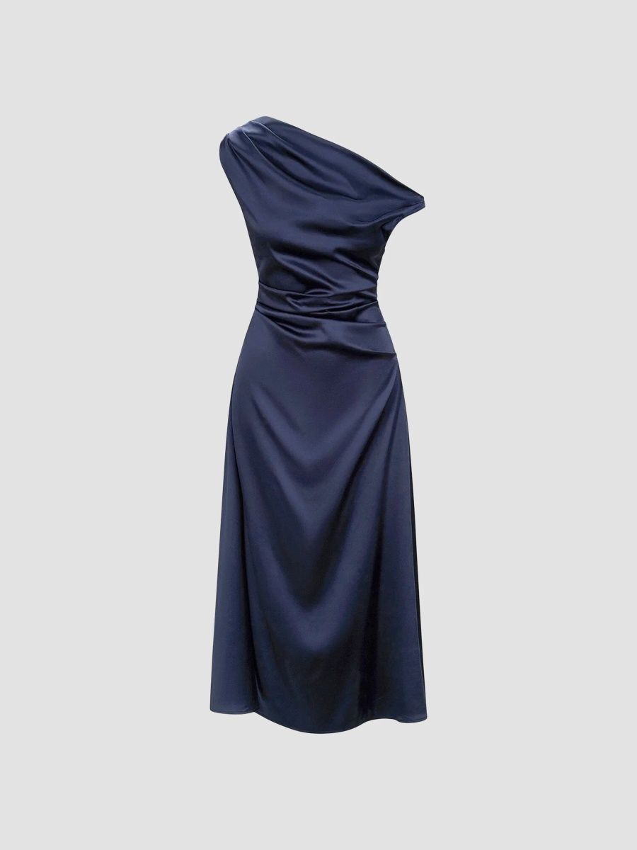 Staud Women's Phare Stretch Silk One-Shoulder Midi Dress - Navy - Size 14