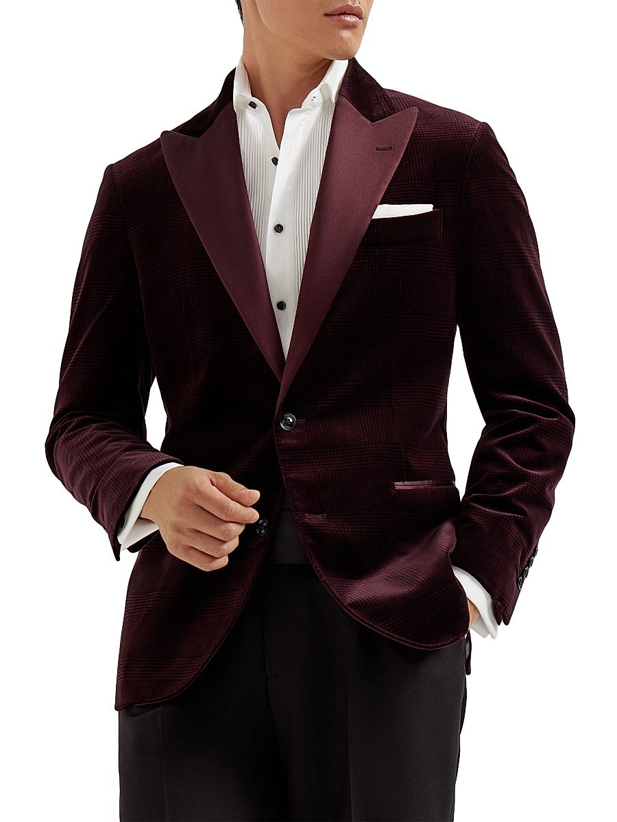 Men's Cotton Prince of Wales Velvet Tuxedo Jacket - Amaranth Red - Size 42