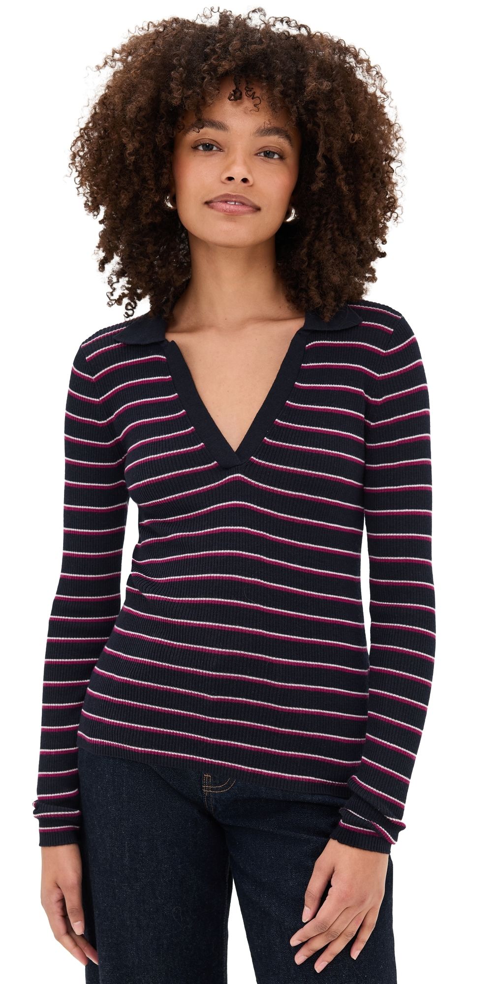 Madewell Merino Silk Johnny Collar Long Sleeve Top Navy/Fuchsia/Ivory Stripe XL