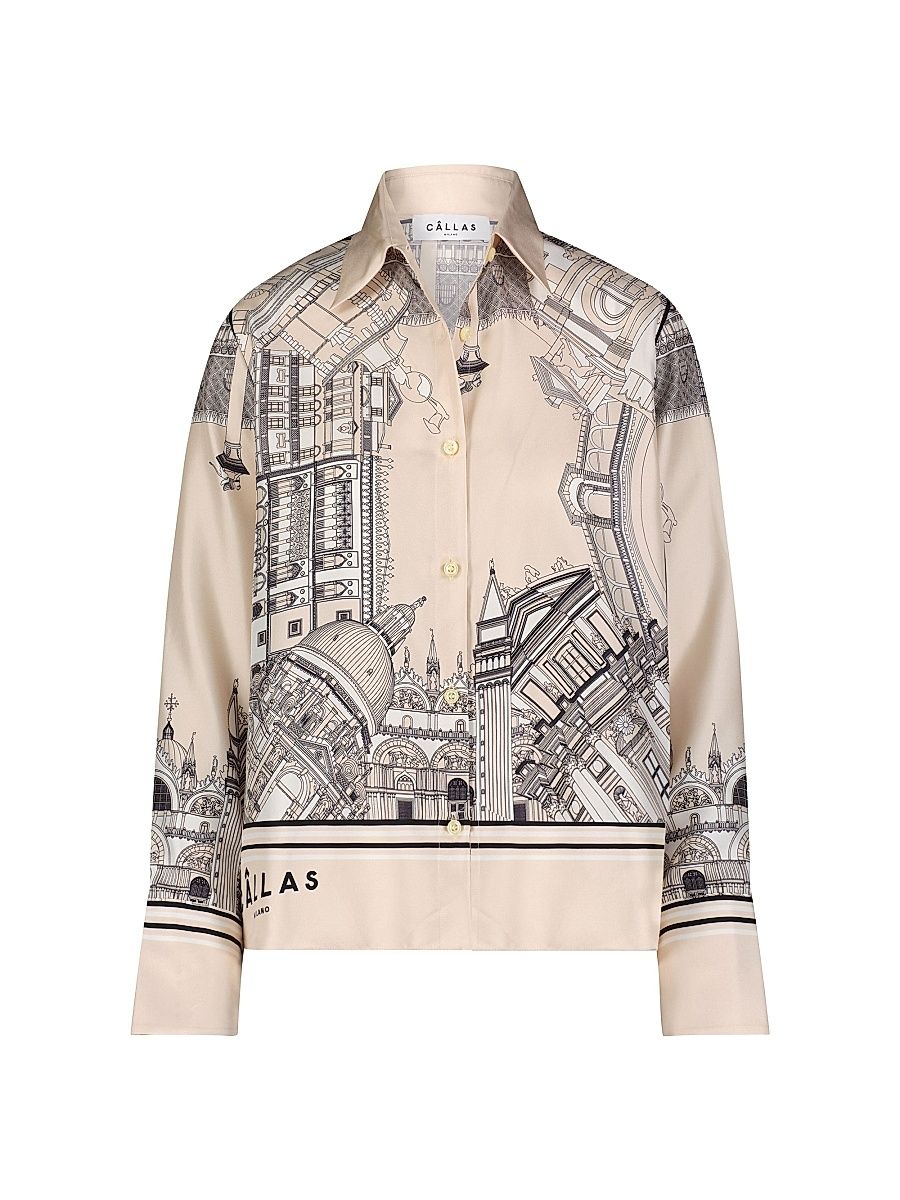 Women's Silk Twill Shirt with Venice Scarf Print Back - Travertine White - Size 14