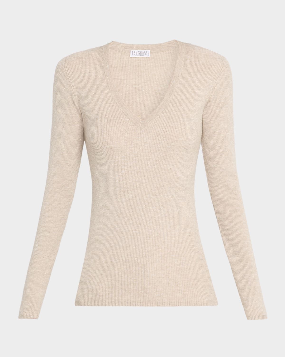 Metallic Cashmere Stretch Rib V-Neck Sweater