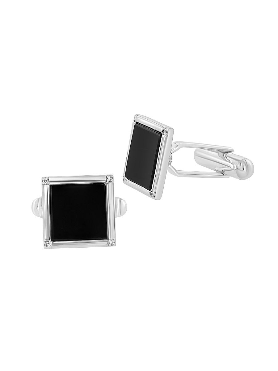 Men's 925 Sterling Silver, Diamond & Onyx Cufflinks - Silver