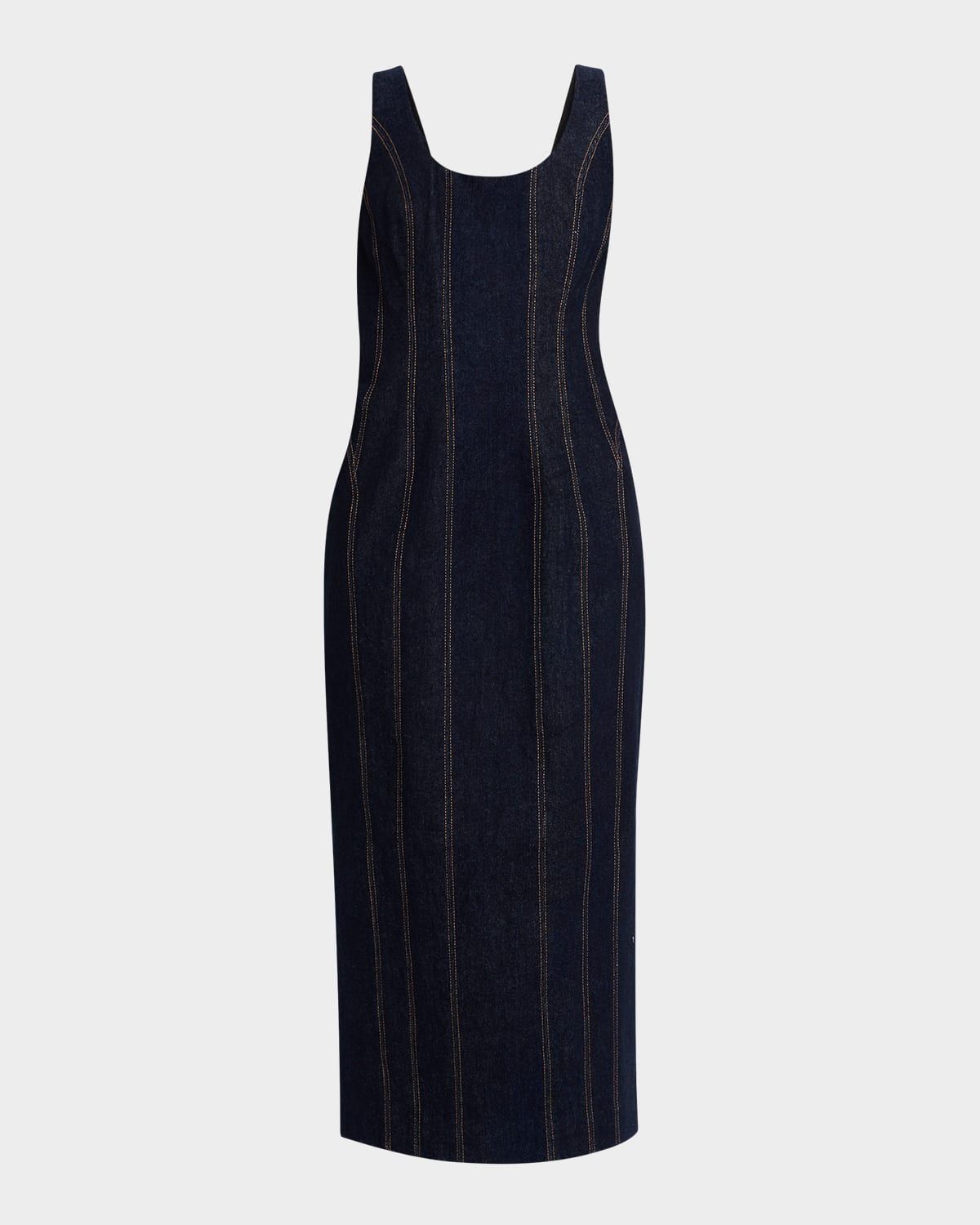 Hallie Sleeveless Topstitched Denim Midi Dress