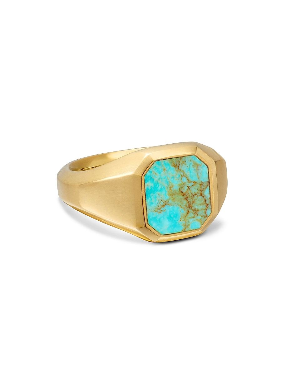 Men's Streamline Signet Ring in 18K Yellow Gold - Turquoise - Size 8