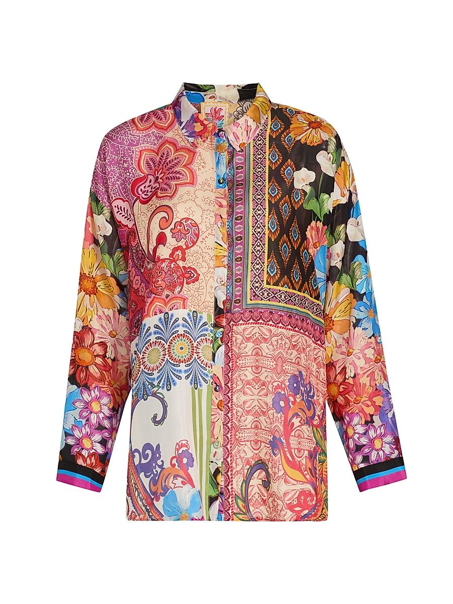Women's The Audrey Patchwork Silk Button-Front Shirt - Magnolia Patchwork - Size XL
