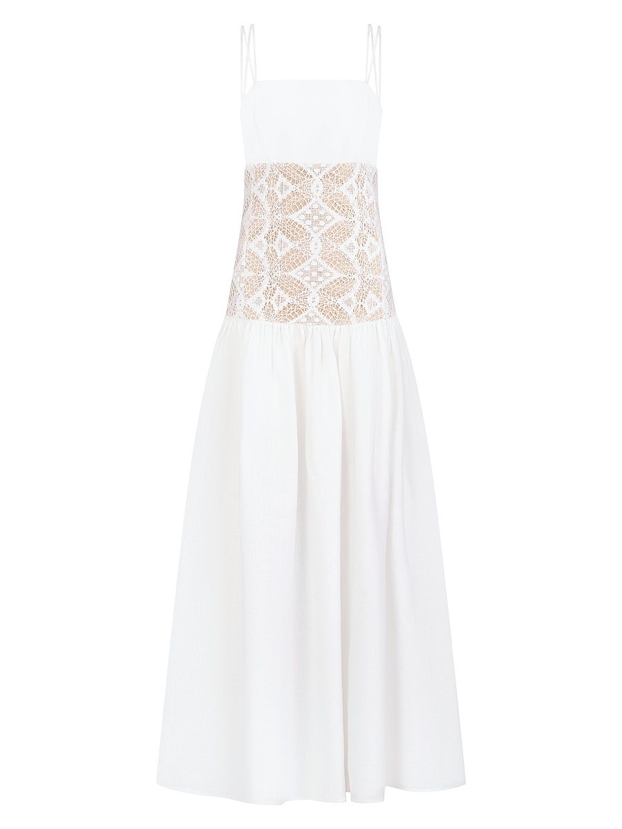 Women's Pilar Linen & Lace Maxi Dress - White - Size XL