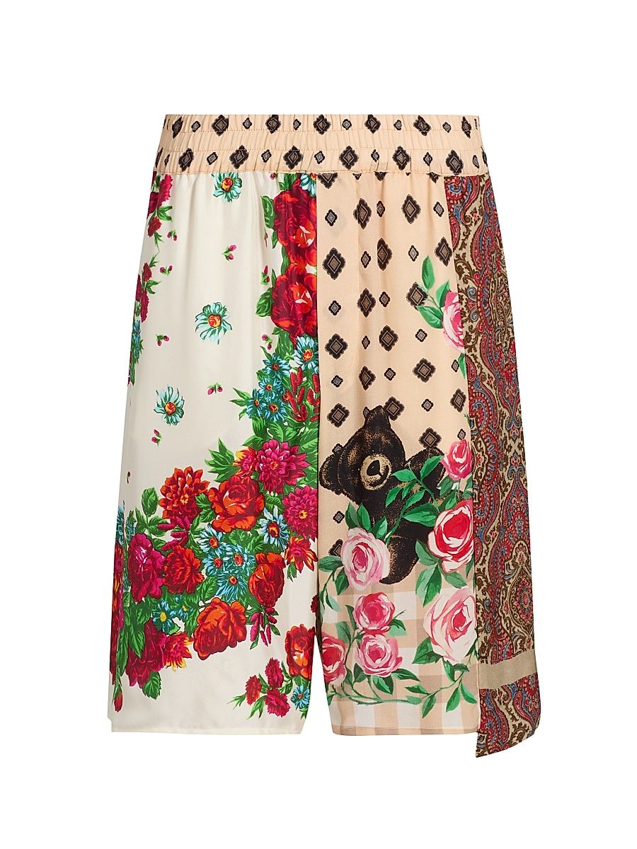 Men's Floral Spliced Silk Shorts - Size 38