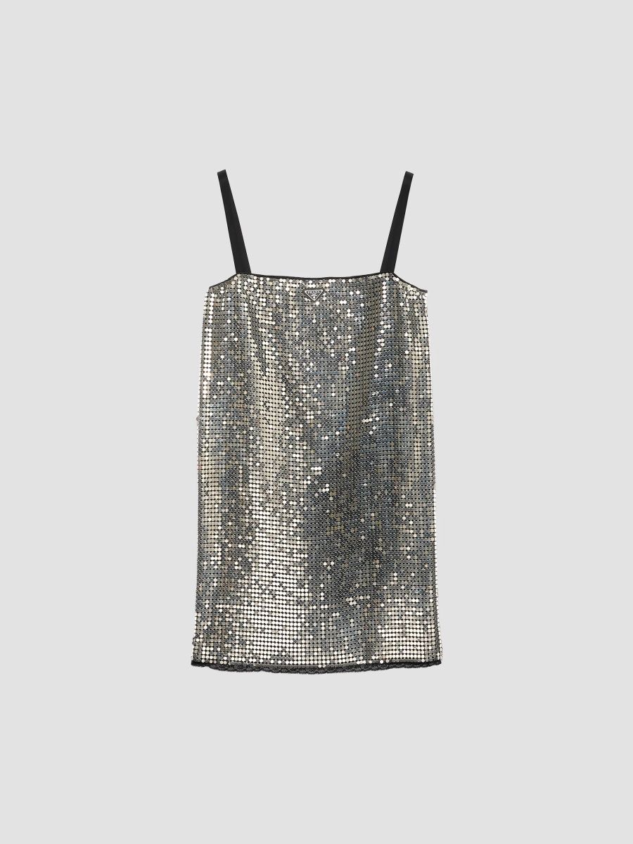 Prada Women's Embroidered Metallic Mesh Mini-Dress - Silver - Size 0