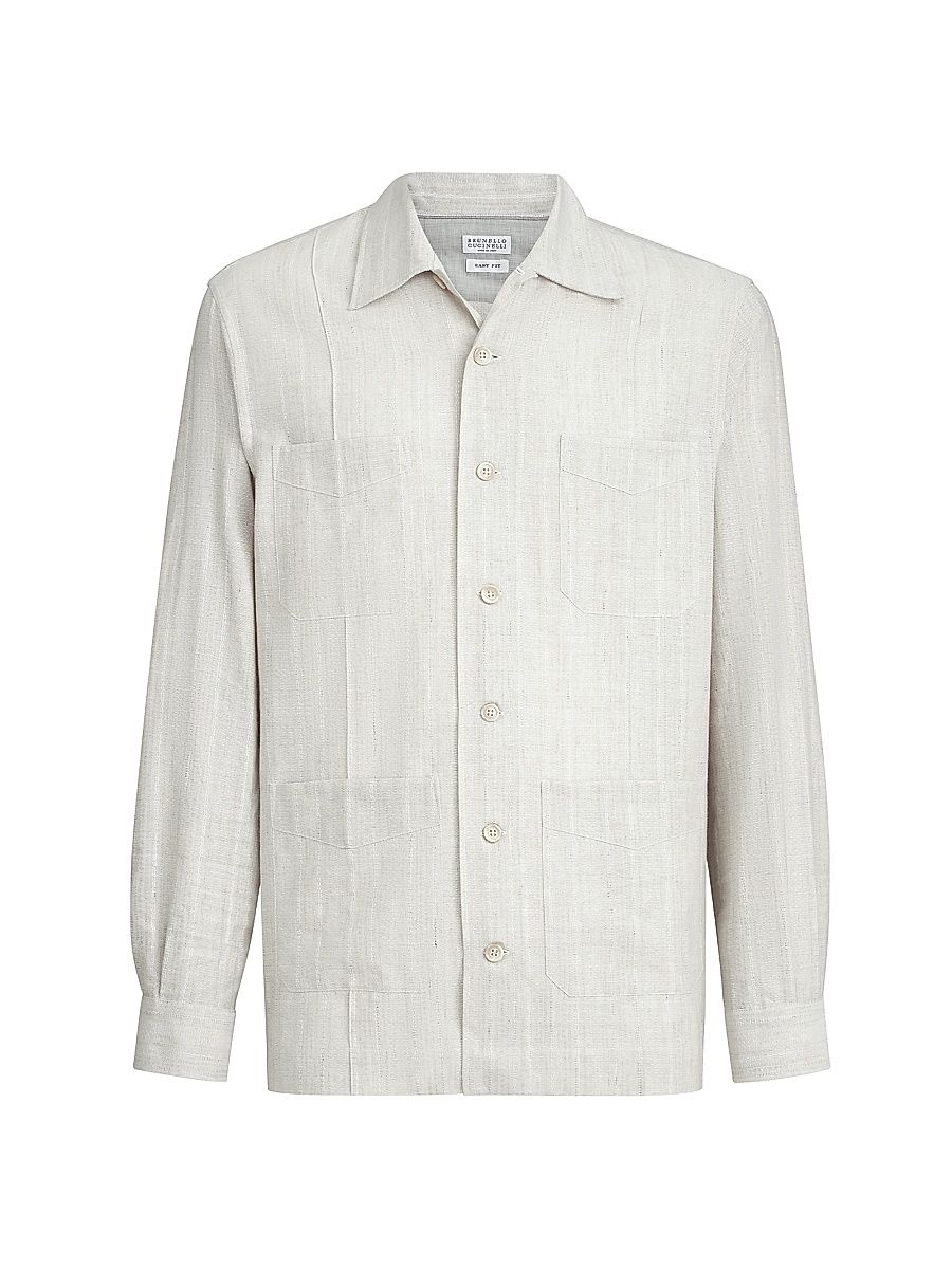 Men's Cotton and Linen Jacquard Stripe Easy Fit Guayabera Shirt - Rope - Size XXXL