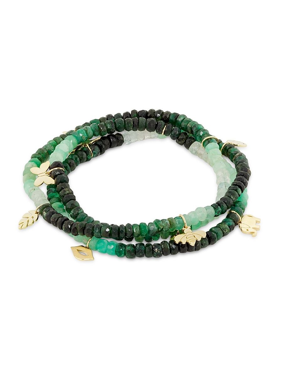 Women's 14K Yellow Gold & Ombré Emerald Beaded Wrap Bracelet - Green