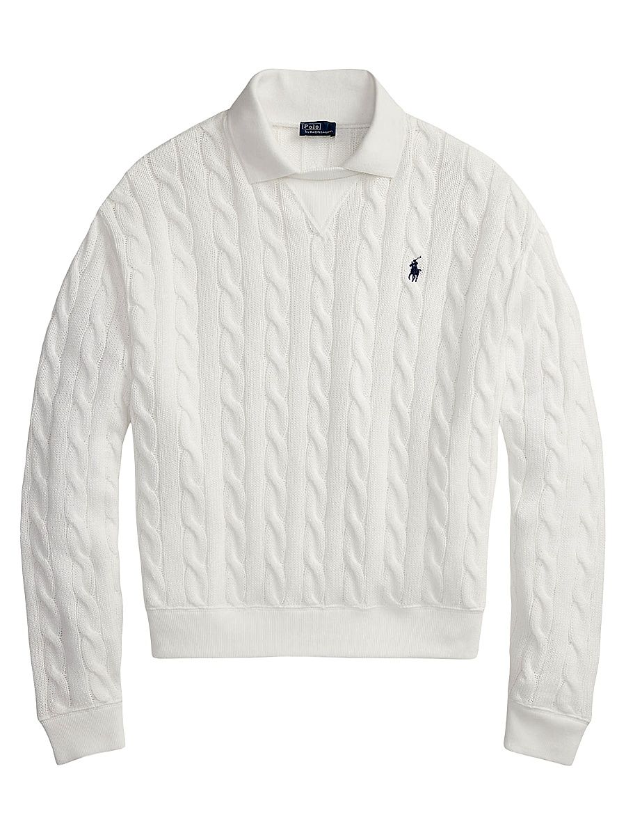 Women's Cable-Knit Cotton Polo Sweater - White - Size XL