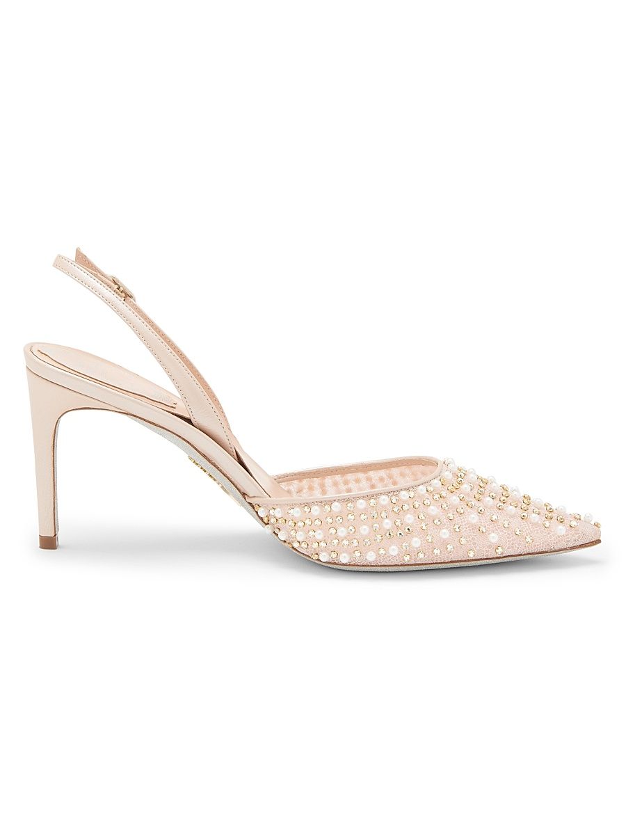 Women's Embellished 80MM Lace Slingback Pumps - Beige Crystal - Size 11.5