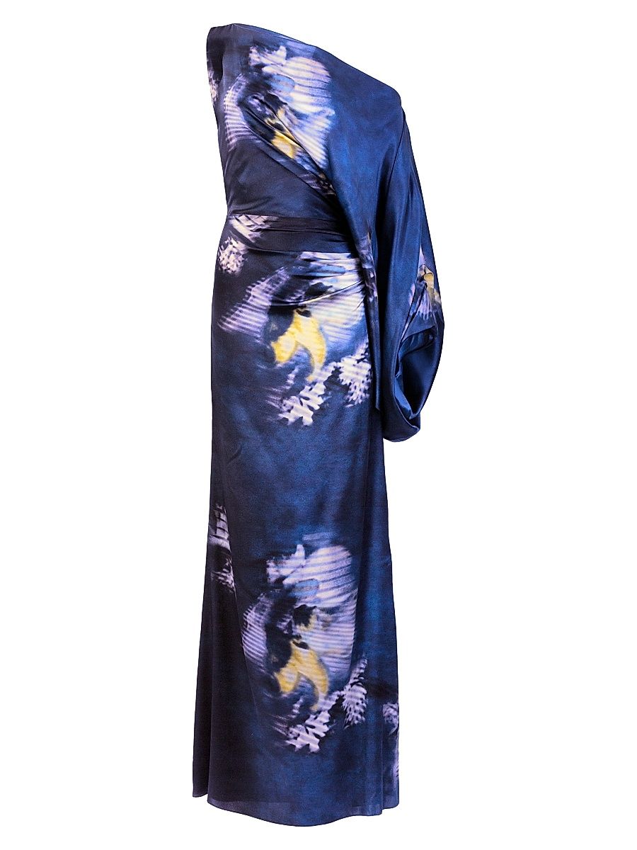 Women's Dotty One-Shoulder Stretch-Silk Maxi Dress - Midnight Flower - Size Large