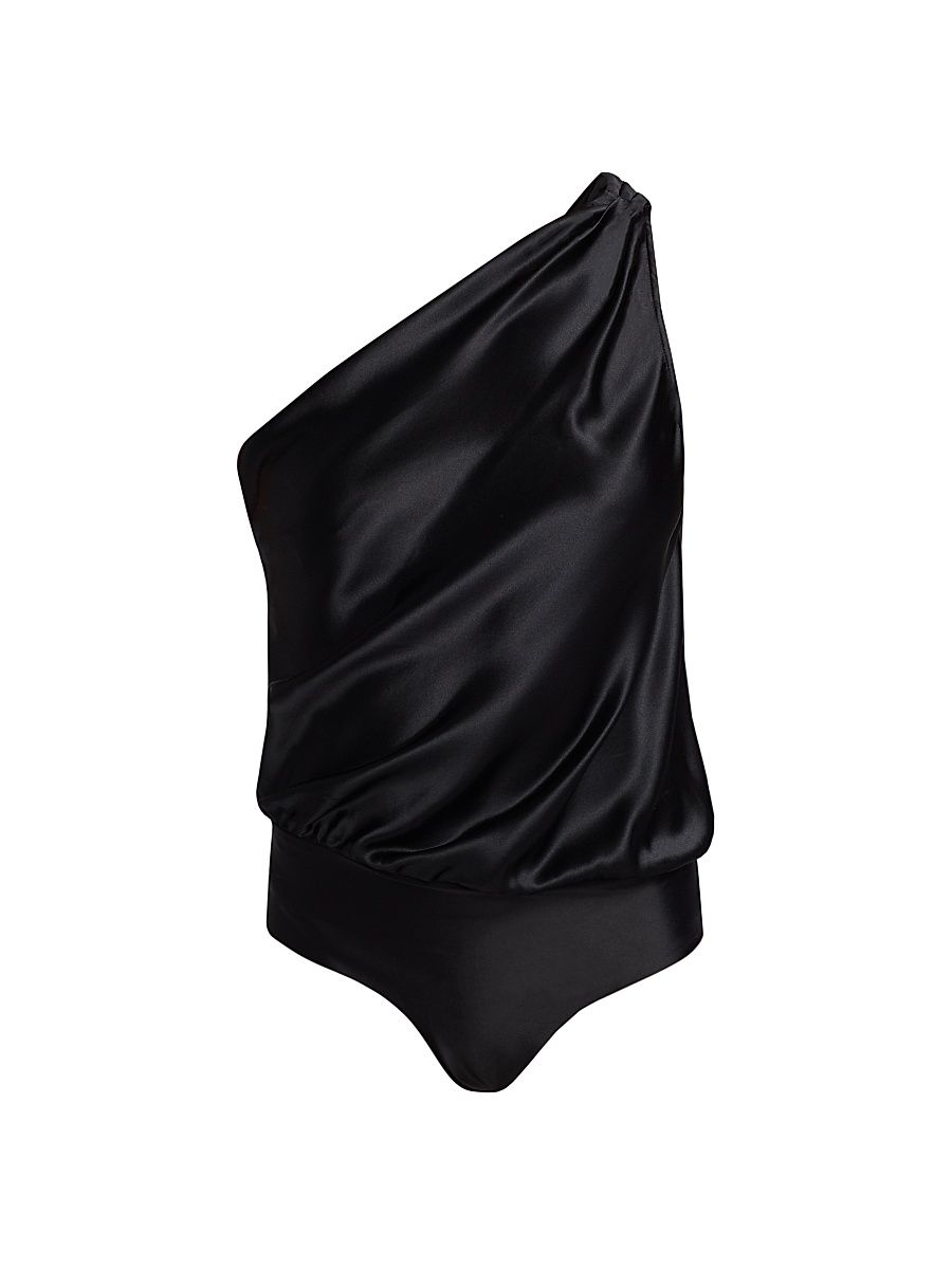 Women's Darby One-Shoulder Silk Bodysuit - Black - Size XL