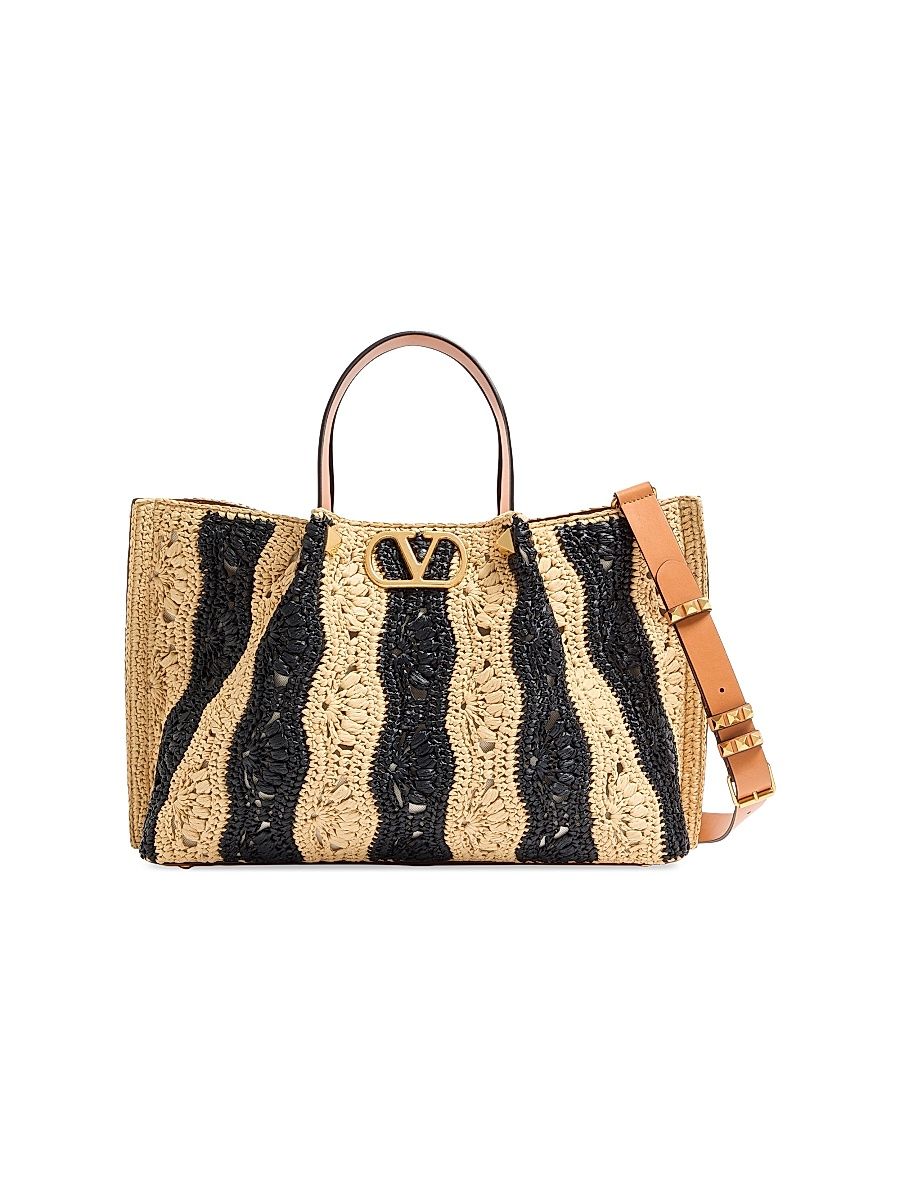 Women's Medium Raffia Shopping Bag with Wave Motif - Natural Black