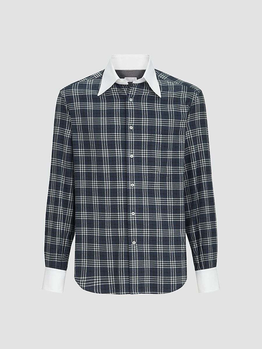 Men's Cotton and Lyocell Tartan Flannel Shirt with Contrast Italian Collar - Denim - Size XXXL