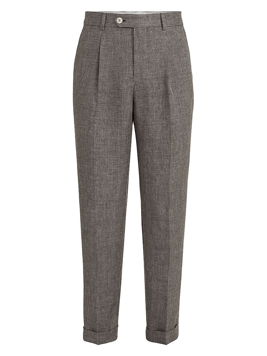 Men's Linen Houndstooth Trousers with Pleats - Hazelnut - Size 44