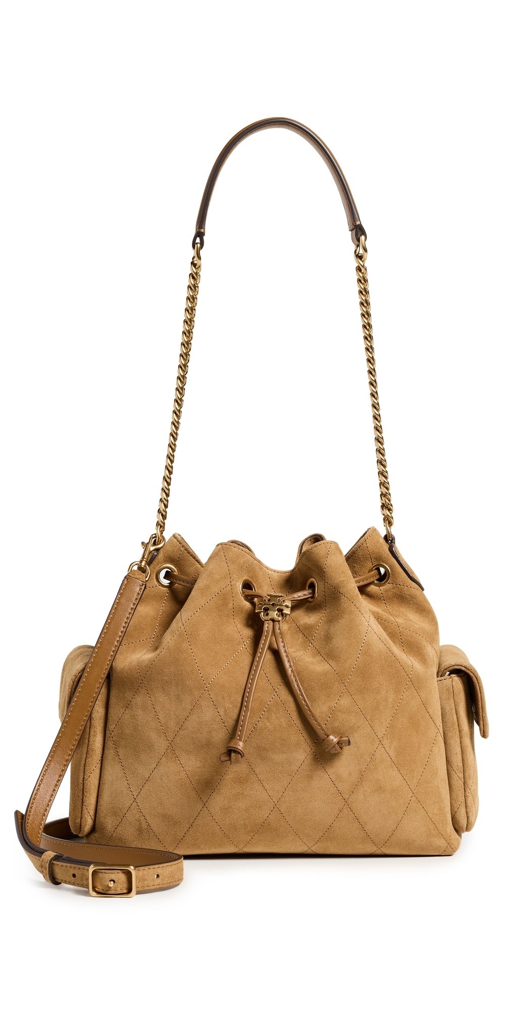 Tory Burch Charlie Quilted Suede Drawstring Shoulder Bag Toffee One Size