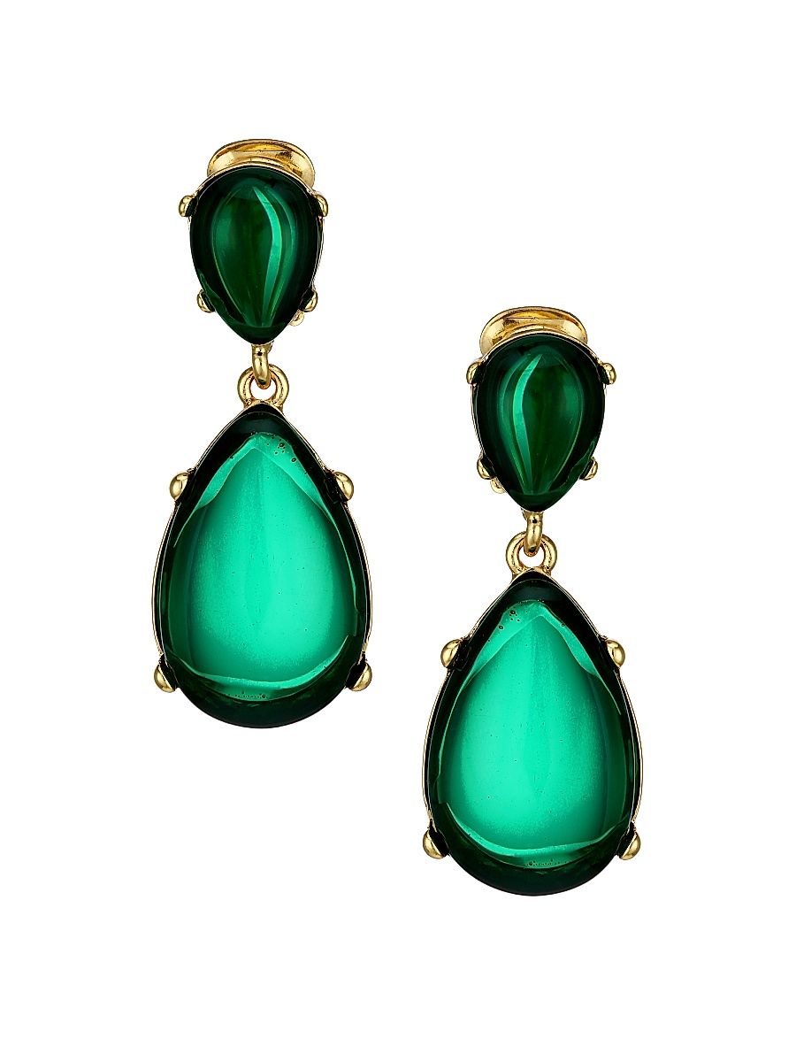 Women's Emerald Resin Double-Drop Clip-On Earrings - Yellow Goldtone