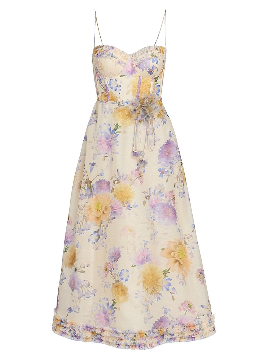 Women's Luna Ruffle Linen-Silk Midi-Dress - Cream Dahlia - Size 10