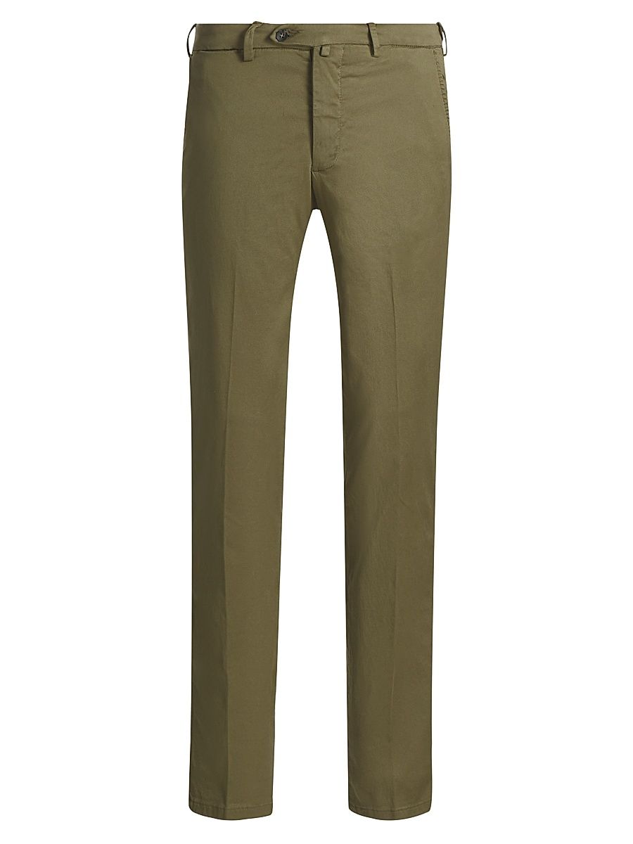 Men's Flat-Front Cotton-Blend Trousers - Olive Green - Size 30