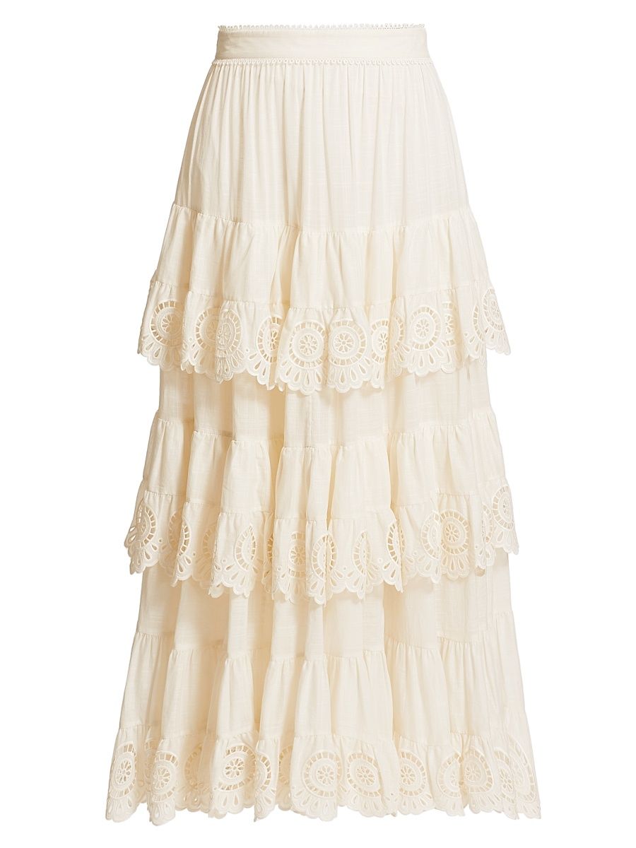 Women's Lucky Embroidered Tiered Cotton Midi-Skirt - Ivory - Size 8