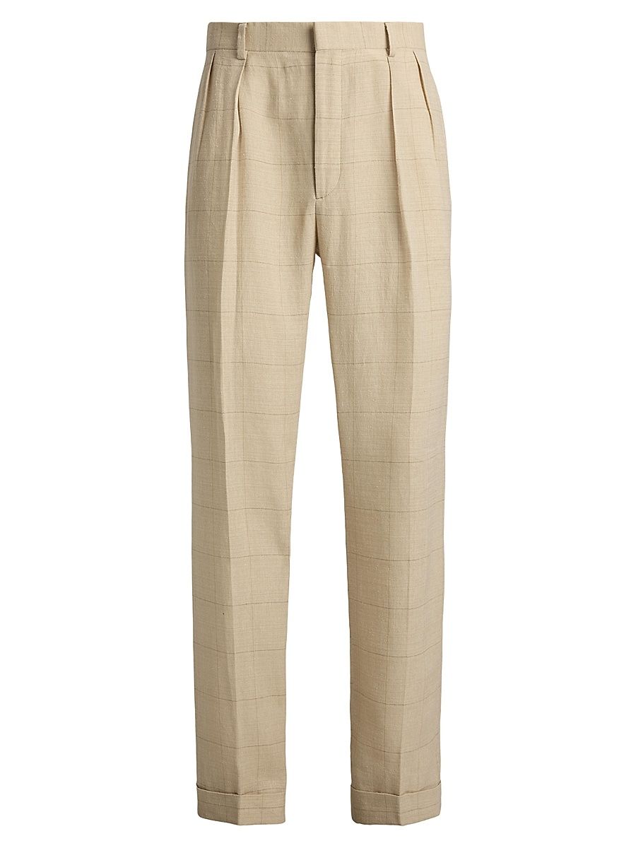 Men's Windowpane-Checked Linen-Blend Trousers - Classic Tan - Size 40
